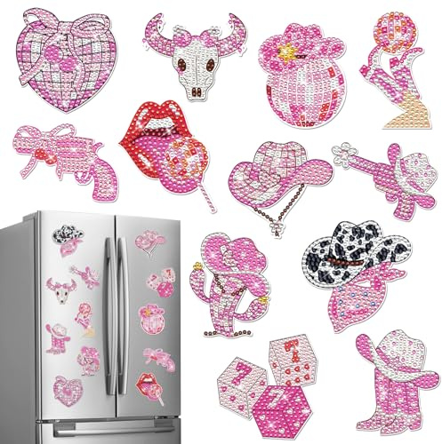 INCOK Diamond Painting Refrigerator Magnet Kit - 12 PCS Coquettte Diamond Art Fridge Magnets with Cowgirl and Ribbon Bow Pattern DIY Art Craft for Beginner Women Home Decors