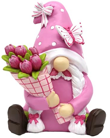 KnomeKo Spring Gnomes Decorations for Home Office- Pink Resin Garden Gnomes with Butterfly Tulip Tiered Tray Decor- Spring Mother's Day & Retirement Gifts