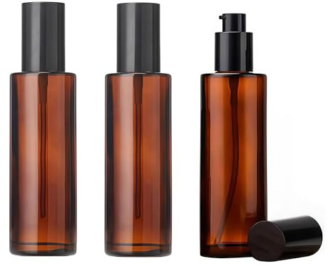 OHEETU 3Pcs 60ml 2oz Amber Glass Pump Bottle Refillable Travel Cream Lotion Bottle Mini Soap Dispenser Cosmetic Container Vial Jar for Emulsion Essence Liquid Foundation