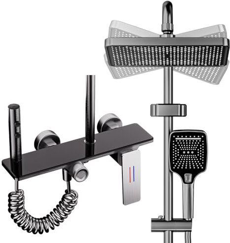 Colonna Doccia con Miscelatore, Kit Doccia Con Soffione e Doccetta, Sistema Doccia Idromassaggio con Pistola a Spruzzo e Rubinetto per Vasca, 130cm Asta Doccia