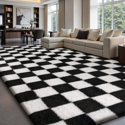 Sour Lemon Tapis à carreaux pour salon, 200 x 300 cm, noir et blanc, pour chambre à coucher, lavable, antidérapant, extra large et moelleux, pour chambre d'enfant, dortoir