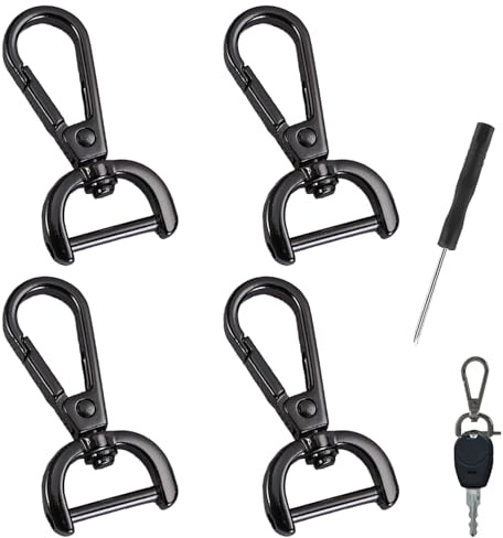 4 mosquetones con articulación giratoria, mosquetón para perros, mosquetón giratorio, mosquetón multifunción, plateado, incluye destornillador, adecuado para la mayoría de las correas (negro)
