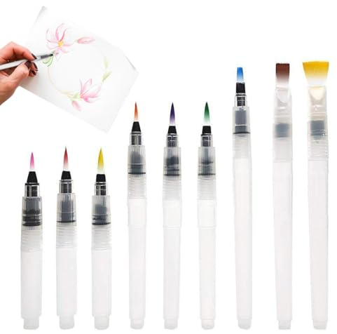 JYNXOR 9 Piezas Pinceles Acuarela Recargables, Pincel de Agua con Depósito Rellenable, Rotuladores de Agua, Pluma Acuarela Pinceles Agua con Depósito Recargable Water Brush para Acuarela y Caligrafía