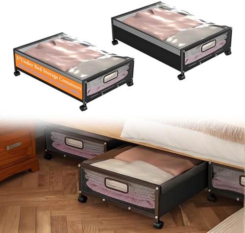 Liwankaqi Caja de almacenamiento para debajo de la cama, 2 unidades con ruedas, 15 cm de alto, plana, estable, con tapa y asa, cómoda para ropa, juguetes, zapatos y mantas