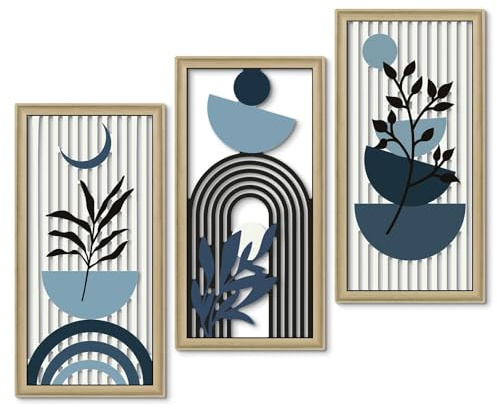 Putuo Decor Set de 3 Cuadros Abstractos Azul Gris con líneas geométricas y Hojas, láminas enmarcadas Estilo nórdico Boho para salón Dormitorio Oficina recibidor Pasillo