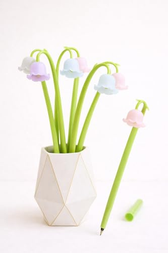 Aurus Bolígrafos de flores que cambian de color, juego de 5 bolígrafos de silicona con diseño de campana de lirio de los valles para mujeres, regalos y decoración de escritorio
