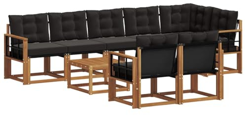 Qnhdfrt Set di mobili da giardino 9 pezzi in legno di acacia, divano da esterno con cuscini, gruppo seduta per terrazza e giardino, set lounge modulare con tavolo, naturale e nero