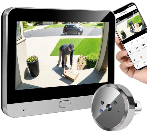 Detección por Radar, Mirilla Digital Inteligente para Puerta con Cámara 2K Gran Angular 140°, Visión Nocturna Infrarroja, Micrófono Integrado, Pantalla a Color 4,3, Batería 5000 mAh con Wi-Fi 2,4 GHz
