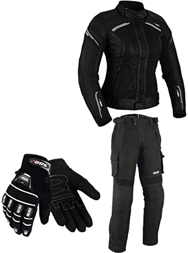 BOSmoto DAMEN MOTORRADKOMBI JACKE + HOSE + HANDSCHUHEN - BIKE MOTORRAD ROCKER TOURING,Sommer (XS)
