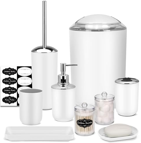 IMAVO Bathroom Accessory Set - 8 Pcs White Set with Trash Can, Soap Dispenser, Soap Dish, Toothbrush Holder, Toothbrush Cup, Toilet Brush Holder, Qtip Dispenser