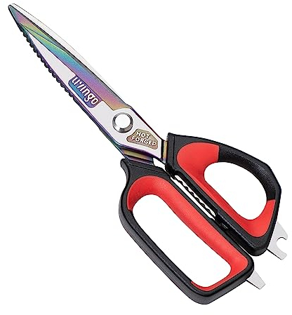 LIVINGO Heavy Duty Kitchen Scissors: Sharp Stainless Steel Titanium Coated Hot Forged Cutting Blade - Multi Purpose Food Shears for Meat Chicken Poultry Fish Bone Vegetable - Dishwasher Safe 9.5 Inch