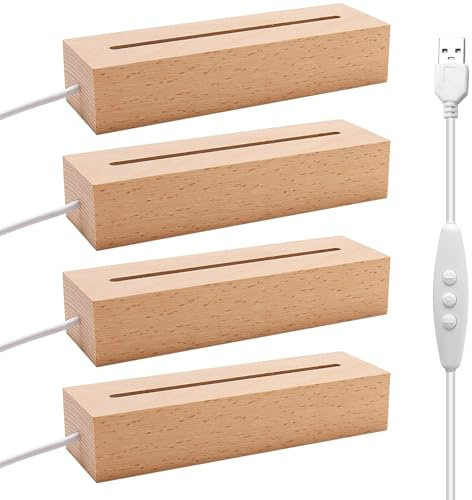 EATAKWARD 4 Pcs 5.9 Wood Rectangle Light Display Pedestal, Wooden Display Base Dimmable Colorful Lights Lamp Stand with USB Cable for Acrylic, Crystal, Night Light (Inner Slot, Square Base)
