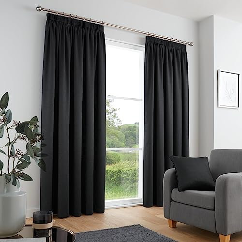 Fusion Black Curtains W90 x L90 - 229 x 229cm - 100% Cotton - 2x Panels - Pencil Pleat - Soundproof & Thermal for Bedroom
