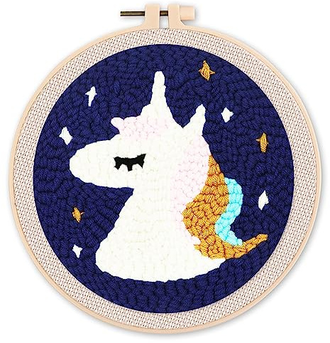 Figured'Art Punch Needle Kit Complet pour Adultes et Enfants - Licorne - Parfait pour Débutant. Set prêt à broder taille 20x20cm avec cadre circulaire