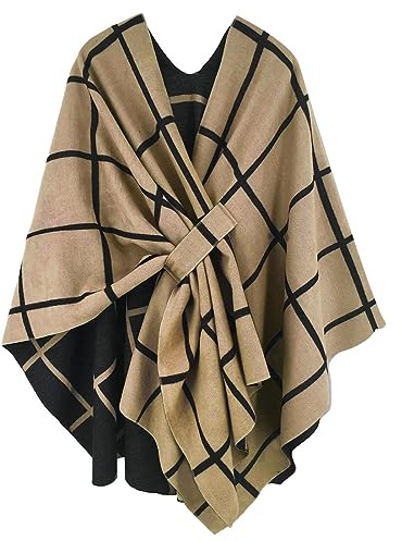 NLAND Poncho Châle Femme Chaud Grande Écharpe Hiver Élégante Poncho Cape à Ouverture Tartan Style Douce Châle (Kaki)