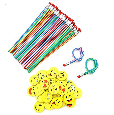 JZK 60 x lápices y gomas de borrar, juego de 30 lápices suaves, flexibles y mágicos + 30 gomas de borrar con emojis sonrientes, set de regalos de cumpleaños para niños, favores de fiesta para niños
