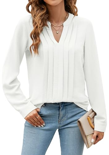 Blooming Jelly Damen Bluse Business Outfit Shirt Langarm Elegant V Ausschnitt Oberteil Weiß M