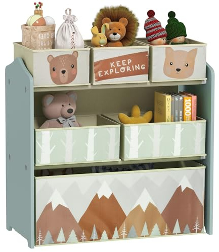 ZONEKIZ Kids Storage Unit, Childrens Toy Storage Organiser, with 6 Fabric Bins, for Bedroom, Nursery, 63 x 30 x 66cm, Green