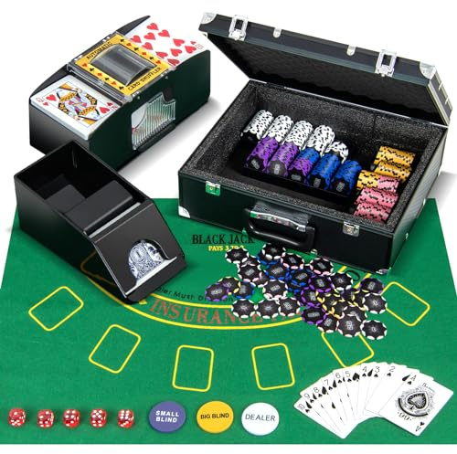 COSTWAY Set Maletin de Poker de 300 Fichas, Juego de Póquer de Casino, 2 Barajas de Cartas, 5 Dados y 3 Botones de Distribuidor, Fieltro de Póquer, Barajador Automático de Cartas (300 Piezas)
