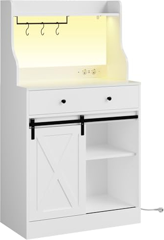 KIMENICH Küchenschrank, Sideboard mit LED, Steckdose, Große Schublade, Buffetschrank mit Arbeitsplatte, Verstellbaren Ablagen, 3 Hakens, Großer Stauraum, für Küche Wohnzimmer, Esszimmer, Weiß