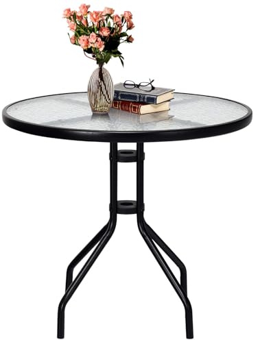 GOPLUS Sidobord rund, Ø 70 cm trädgårdsbord, metall med glasplatta och 43 mm paraplyhål, balkongbord litet väderbeständigt, bistrobord, kaffebord, terrassbord, matbord utomhus för trädgård, terrass,