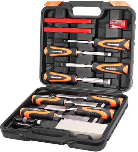 Ezkamfort Chisel Set-13Pcs Woodworking Tools Set-Wood Carving Tools, Wood Chisel Sets with Sharpening Stone, Honing Guide and Storage Case