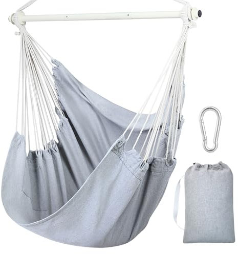 Hängande stol i bomull, Ohuhu XL, bärbar hängstol, avtagbar metallstöd bar, sidoficka för inomhus, utomhus, maxvikt 150 kg, ljusgrå