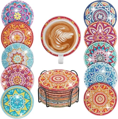 10 pezzi di sottobicchieri per Diamond Painting con supporto - Set fai da te di pittura con diamanti per adulti e bambini - Motivi rotondi di mandala e cane - Sottobicchieri con retro in sughero