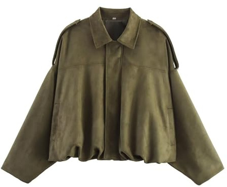 Xunger Women's Faux Suede Bomber Jacket Spring Lapel Pilot Coat Casual Oversized Long Sleeves Trendy Streetwear Outerwear(1026-01GreenPocket-S-RD)