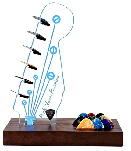 PORFOYO Light Up Support médiator de guitare en acrylique avec base en bois Accessoire de guitare électrique Accessoires de guitare pour rangement et affichage Cadeau pour guitaristes