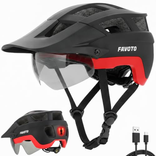 Favoto Adult Bike Helmet for Road & Mountain Cycling with USB Rechargeable Rear LED Light, Magnetic Goggles & Removable Sun Visor, Helmet for Men & Women