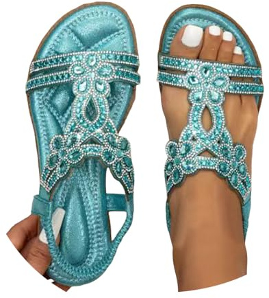 Sandales Femme Été Confortable Nu Pieds T-Strap Bride Élastique Cheville Ouvert Bout Chaussure Plage Strass Cristal Florals Casual Femmes Habillées Plat Fleur Cuir Bohème