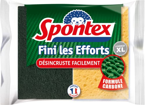 SPONTEX - Eponge Fini les efforts - 2 éponges grattantes désincrustantes vertes format XL - Formule carbone