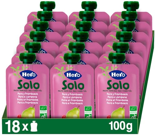 Hero Solo Bio, Frutta Frullata 100% Bio, Senza Zuccheri Aggiunti, Purea di Pera e Lampone - 18 Confezioni da 100 gr