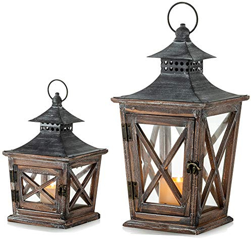 Nuptio Linternas de Madera Velas Pilar: Juego de 2 Linternas Navidad Colgantes Decorativas Interiores, Candelabros Granja Envejecidos Madera Boda Praty Regalo Granja Decoración del Hogar(39cm+27cm)