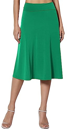 Skang Knielanger Rock Damen Sommer Einfacher Komfort-Basic-Stretch-Rock in A-Linie mit ausgestelltem Knie für Damen Wollrock Kurz (Green, M)