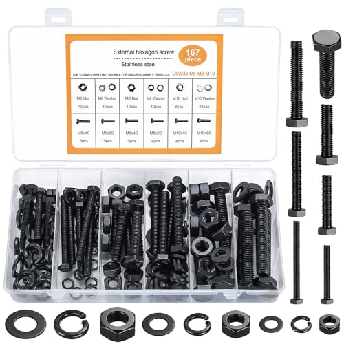 Conjunto de 167 Tornillos Hexagonales, Tuercas y Arandelas, M6/M8/M10, de Acero carbono, Juego de Tornillos de Máquina, Tornillos de Rosca Completa(167 negro)