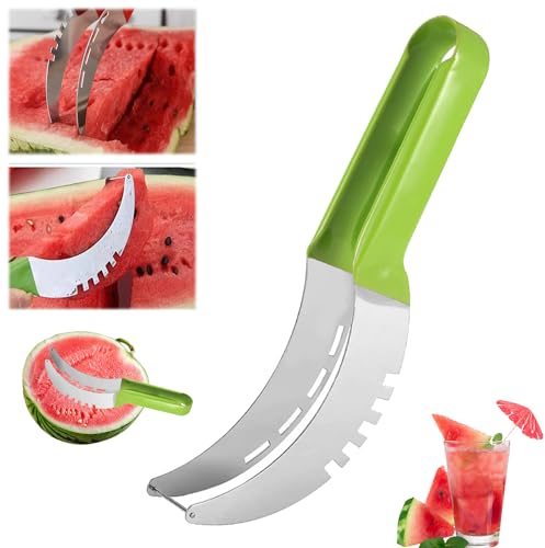 Watermelon Slicer Cutter - Stainless Steel Melon Cutter - Watermelon Cutter Slicer Tool - Watermelon Cutting Fork - Multifunctional Fruit Fork - for Cantaloupe Papaya Dragon Fruit Watermelon (Green)
