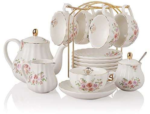 Sweejar Home Servizio da tè in porcellana Royal Family, 225 ml, su tazze e piattini con teiera, zuccheriera, tazze da tè e caffè in ceramica (fiore di rosa)