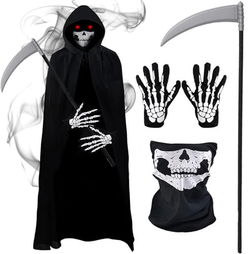 Halloween Grim Reaper Costume Set, 4Pcs Skeleton Robe Costumes Skeleton Glow Gloves Skull Mask Scythe Outfit Reaper Black Hooded Cloak Sickle Accessories Fancy Dress Cosplay for Men Women Adults Kids