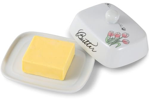 Butterdose mit Griff für 250g Butter, Hochwertige Keramik, Weiß mit Blumen Bienen Muster, Porzellan, Klassische Butterdose Butterglocke Butterschale Butterbehälter Butterbox, Spülmaschinengeeignet