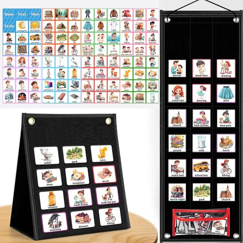 SQAQS Tabla de Rutina Diaria para Niños con 96 Tarjetas PECS, Agenda Visual para Niños, Calendario de Aprendizaje para Niños para Familias Escolares, Tdah y Autismo (Negro)