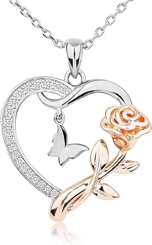 WEINIBAO Collier Coeur Argent, Rose Fleur Pendentif Cœur Argent, Bijoux pour Femmes Filles, Cadeau pour Valentin Fête des Mères Anniversaire Noël