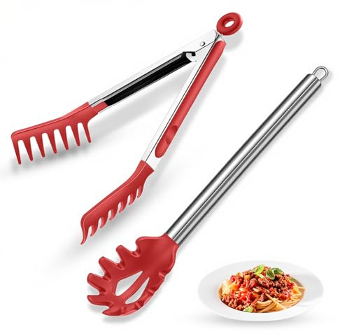 Spaghetti Spoon and Pasta Tong with Teeth and Drain Holes, 2-Piece Non-Stick Silicone Spoon Server Fork with Stainless Steel Handle, Kitchen Tong for Cooking, Serving, Salad and Noodles, Red
