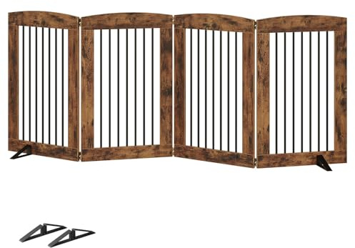 HOOBRO Indoor Dog Gate with Support Feet, 31.5 Inch 4 Panels, Freestanding Pet Gate for Doorway, Stairs, Folding Dog Fence, 360° Hinge for Easy Access, Sturdy Iron Pipe, Rustic Brown BF64PP03
