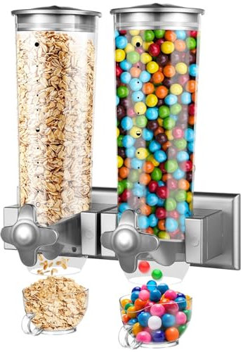byepica Dispensador de cereales de pared de doble cabezal, gran capacidad de 3 litros para alimentos secos, ideal para granos de café, nueces, aperitivos y más
