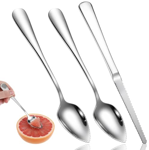 Set di 3 cucchiai di pompelmo, 2 cucchiai di pompelmo e 1 coltello da pompelmo in acciaio inox, cucchiaio con bordi seghettati, cucchiaio da frutta, cucchiaio da kiwi, cucchiaio da bar, lavabile in