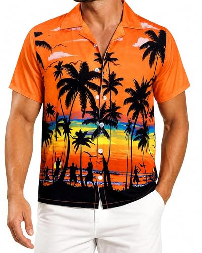 Amycute Men's Hawaiian Shirt Short Sleeve Button Down, Palm Tree Sunset Print Tropical Beach Shirt for Stag Do Festival Pub Holiday