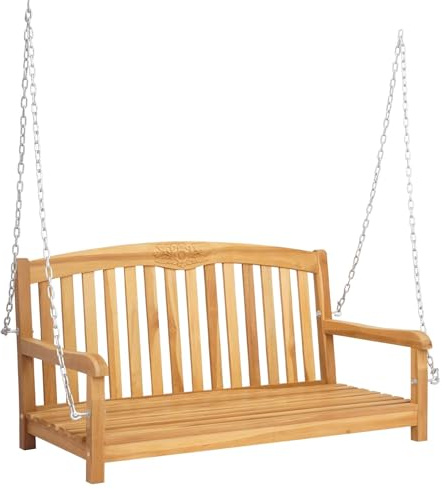 RuiNingRN Gungbänk, natur, massivt trä, teak 114 x 61 x 61,5 cm med galvaniserad kedja, väderbeständig, stabil trädgårdsbänk för terrass, balkong, utomhus med ergonomiskt ryggstöd och bekväm sitthöjd