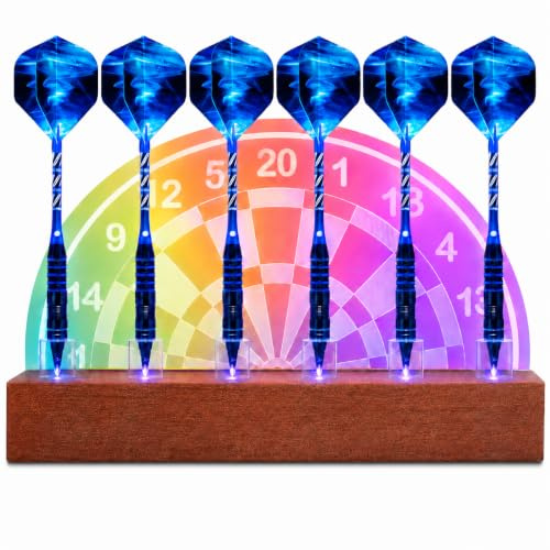 BEE&FLOWER LED Dart Holder Wall Mount Acrylic Dart Display Holds 6 Darts | Simple on/off switch, USB powered display with multi-colour lighting, wooden base, quick assembly for game rooms and bars